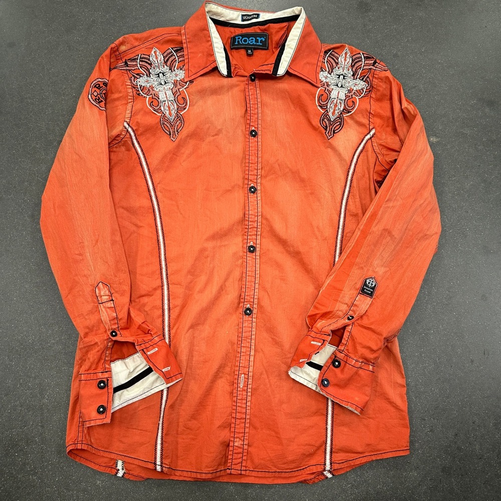 Roar Signature Mens Orange Embroidered Western Button Down Shirt W52011 Size M